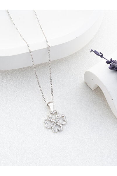 Two Arts Jewelry Kadın 925 Ayar Gümüş Zirkon Taşlı Dört Yapraklı Yonca Kolye ...