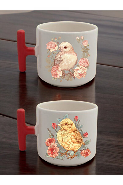 lili hediyelik كوب سيراميك مطبوع عليه زهور وكتاكيت - كوب سيراميك للشاي والقهو...