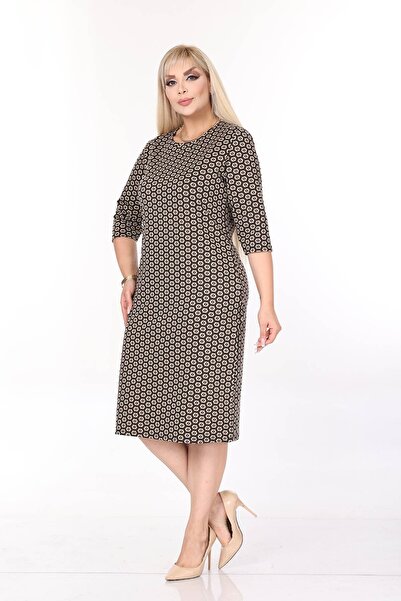 modayız Double Pocket Patterned Stretchy Winter Plus Size Midi Dress 36E-2705