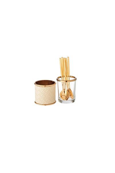 ORIAN طقم ملاعق شاي ذهبية مع حامل معدني وغطاء جلدي