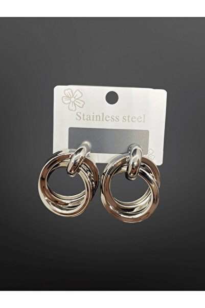 FM Silver Color 316L Steel Hoop Earrings – Modern Chain-Look Double Hoop Design