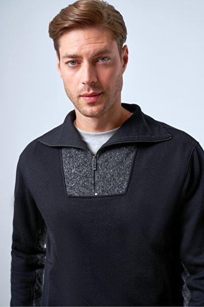 Yarım Fermuarlı Dik Yaka Erkek Sweatshirt - Lacivert