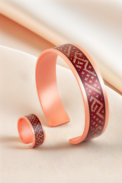OSMANLI GÜMÜŞ Women's Copper Bracelet Ring Set - Eva Model Special Edition Metal Box and Quartz Stone