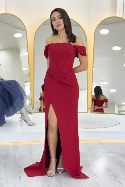 the ZKS Women's Off-Shoulder Corset Detail Draped Evening Dress Baby Blue, Saks, Black, Red, White