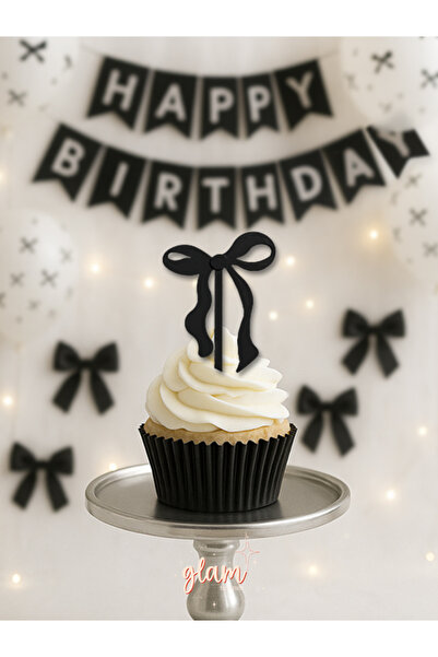 GLAM DEKORASYON Black Bow Siyah Fiyonk Pla Kurdele Tekli Cupcake Kek Tatlı Sü...
