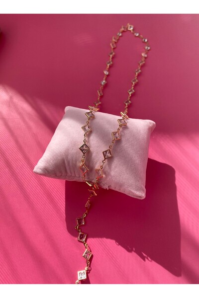 SİMİ TAKI Kare Beyaz Taşlı Uzun Y Kolye