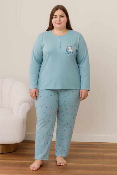 Pemilo Women's 05108 Large Size 100% Cotton Report Interlock Pajama Set Blue