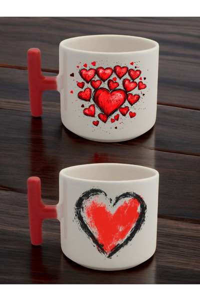 lili hediyelik أكواب سيراميك مطبوعة بتصميم القلوب - طقم من كوبين للقهوة والشا...