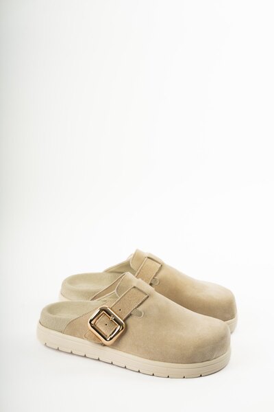 selinshoes Melby Genuine Leather Adjustable Buckle Detailed Women's Slippers - Beige Suede