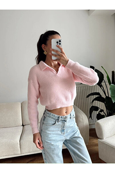 Zoom Butik Sakallı Polo Yaka Crop - PEMBE