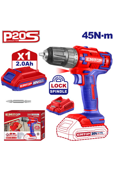 EMTOP Mașină de găurit și șurubelniță cu 1 baterie 2.0AH, 45Nm - ECDL6200118,