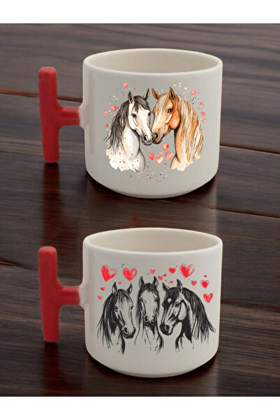 lili hediyelik طقم من كوبين للاتيه مطبوع عليه قلب وحصان - أكواب سيراميك للشاي...