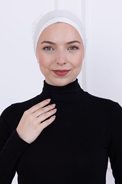 Loggia Ruffled Front Stitched Combed Cotton Undercap - Women's Hijab Tie-On Bun Inner Undercap - White