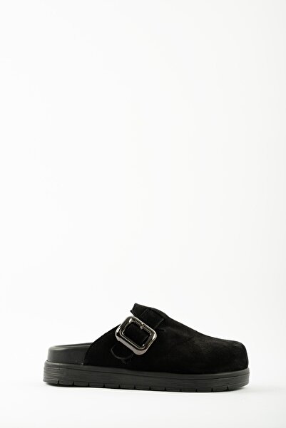 selinshoes Melby Genuine Leather Adjustable Buckle Detailed Women's Slippers - Black Suede