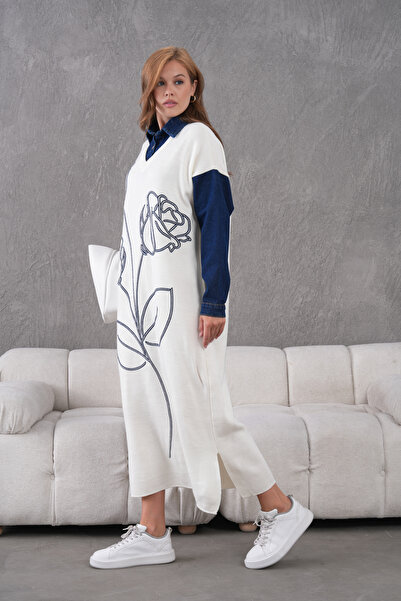 Miss Allos Women's Sleeves Denim Front Beading Wide Fit Long Knitwear Dress