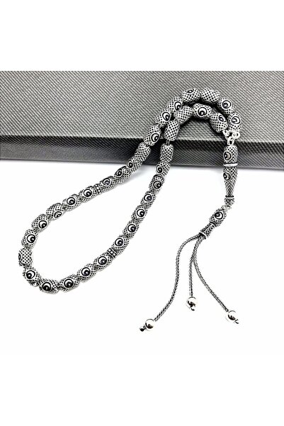 KANUNİ TESBİH Capsule Cut Crescent and Star Patterned Silver Prayer Beads