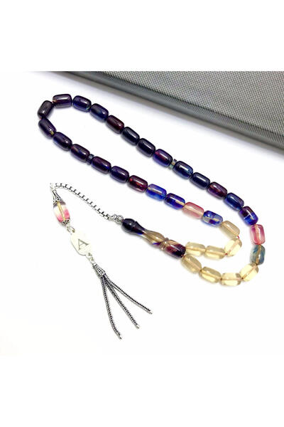 KANUNİ TESBİH Капсула с 2 букви, подробна сребърна пискюл, огнен кехлибар, мо...