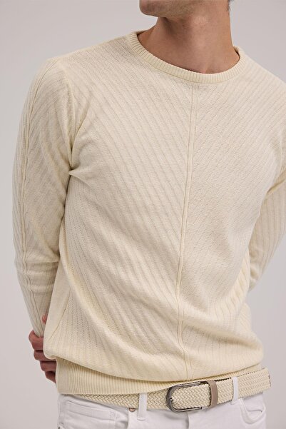 Jakamen Bej Slim Fit Desenli Bisiklet Yaka Triko