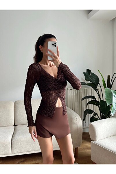 Zoom Butik Yırtmaç Detay Dantel Crop - KAHVE