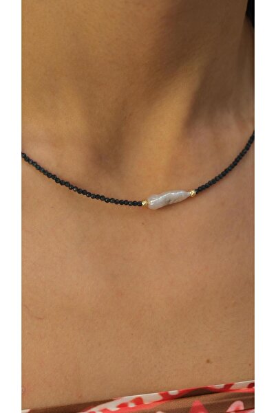 Jerie Barok İnci Detaylı Antrasit Kristal Kum Boncuk Kolye