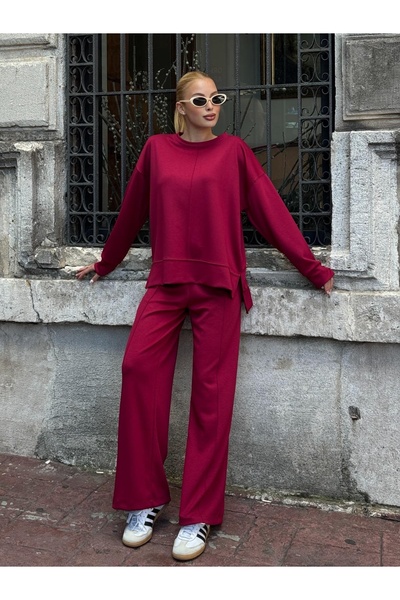 Buklemoda Modal Fabric Burgundy Oversize Sweat Double Set