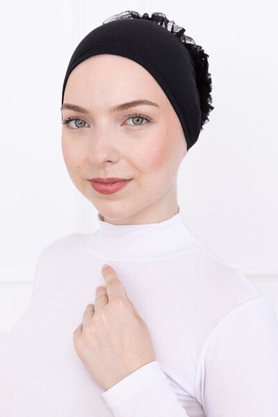 Loggia Ruffled Front Stitched Combed Cotton Bonnet - Women's Hijab Tie-On Bun Inner Bonnet - Black