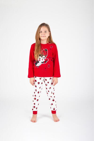 Esterella Girls' Masked Combed Cotton Children's Pajama Set / Red Pajama Set / Seasonal Children's Pajama Set