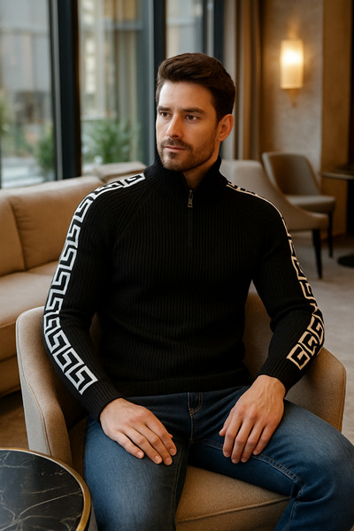 COOLHILL Men's Slim Fit Slim Fit Zippered Black Stand Collar Knitwear Sweater