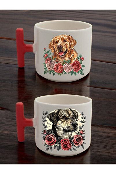 lili hediyelik كوب سيراميك مطبوع عليه كلب وردي مكون من قطعتين - كوب سيراميك للشاي والقهوة كهدية