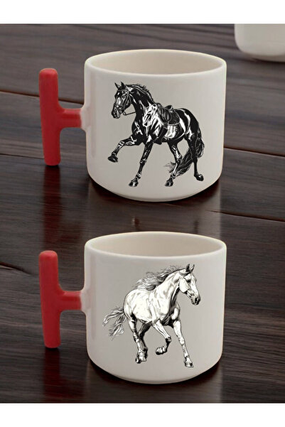 lili hediyelik Horse Printed Set of 2 Latte Cups Ceramic Mug - Ceramic Tea, C...