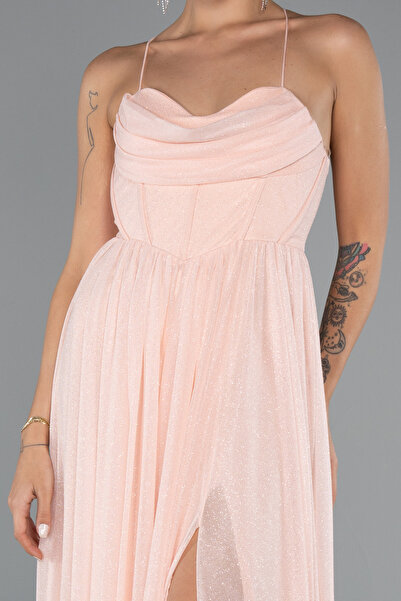 Abiyefon Pudra Yırtmaçlı Balenli Uzun Simli Mezuniyet Elbisesi ABU4596