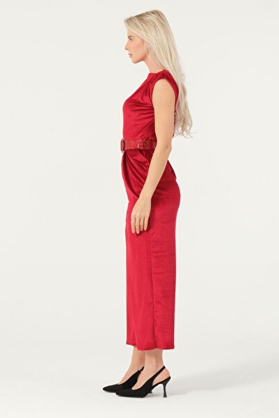 369 etnik butik Velvet Belted Slit Detailed Long Evening Dress