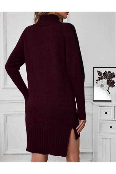 Bracha Half Turtleneck, Stripe Detail on the Sleeves, Double Slits, Short Front Long Back Model Knitwear Dress