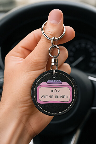 Cekuonline Patterned Leather Handmade Stitched Black Keychain for Auto Vehicl...