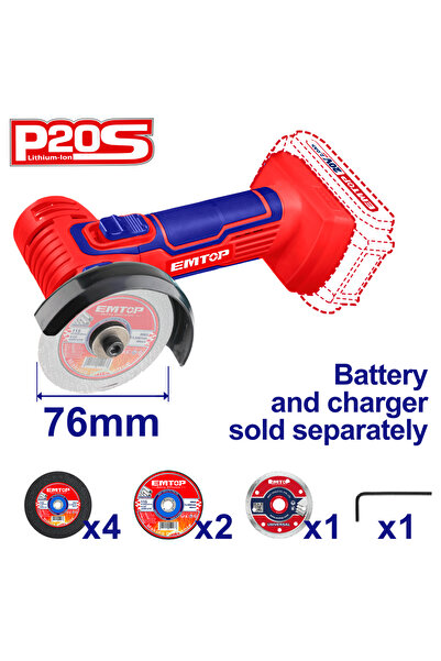 EMTOP Mini polizor unghiular fără baterie și încărcător, 76 mm, 7 discuri incluse - ELAG7601,