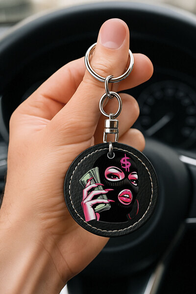 Cekuonline Patterned Leather Handmade Stitched Black Keychain for Auto Vehicl...