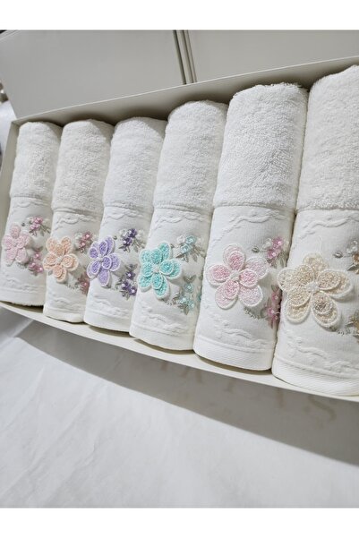 Fiesta Havlu 3D Nakışlı El İşi Krem Bambu 50X90 (6 Adet)