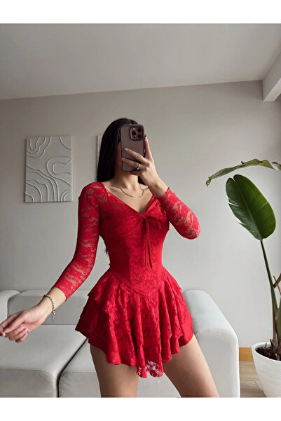 Zoom Butik Dantel Kol Ön Büzgülü Elbise - KIRMIZI