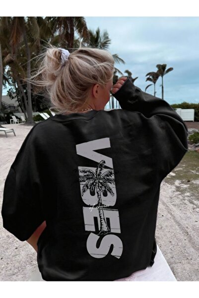 YUVEST Hanorac negru unisex Blackrock supradimensionat VIBES B cu imprimeu B ...