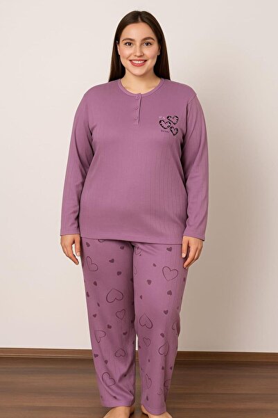 Pemilo Women's 05141 Large Size 100% Cotton Interlock Pajama Set Purple