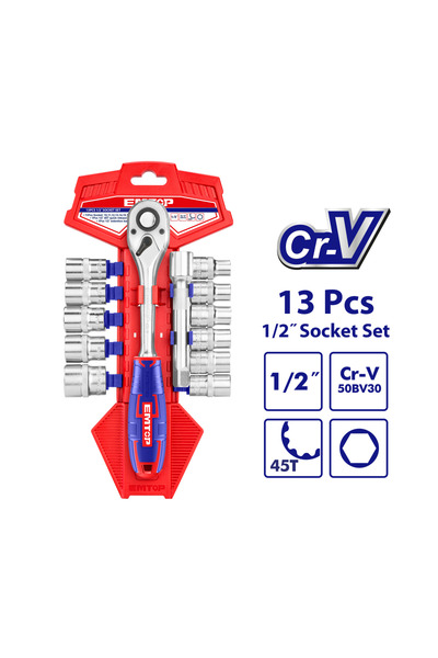 EMTOP Set chei tubulare de 1/2″ cu clichet, 13 buc. - ESKT12131,
