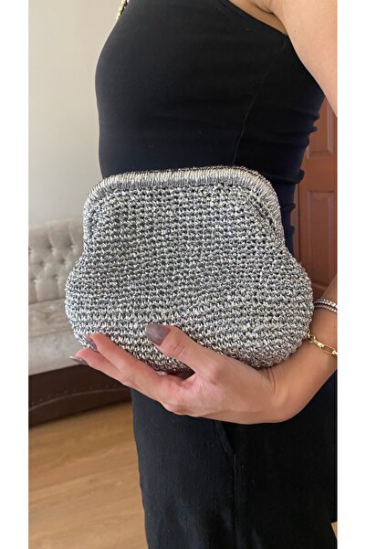 PeriStore Gümüş Gece Çantası El Örmesi Mini boy 20x18 cm