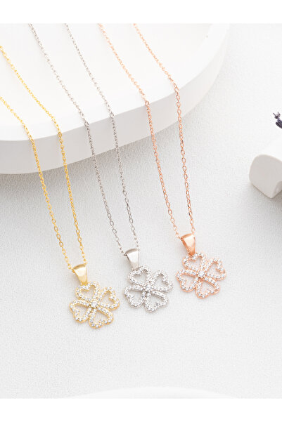 Two Arts Jewelry Zirkon Taşlı Dört Yapraklı Yonca Kolyesi | 925 Ayar Gümüş / 14K Altın Kaplama / Bronz Seçenekli