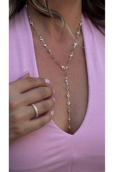 SİMİ TAKI Kare Beyaz Taşlı Uzun Y Kolye