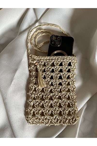 İhtiyacımVar Light Straw Color Straw Phone Bag - 13X20 cm Stylish Decorative Phone Friendly