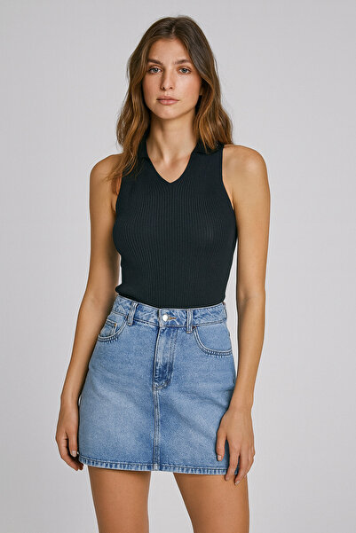 Minora Women's Polo Neck Ribbed Knitwear Bodysuit Black