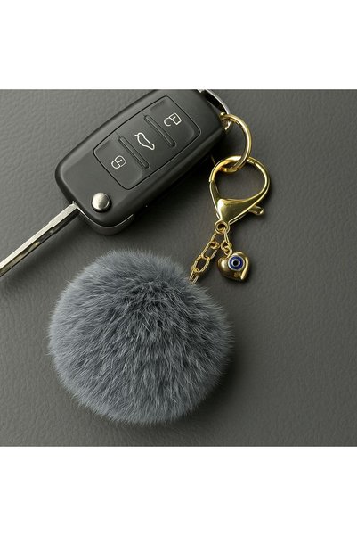 Homeland Plush Fluffy Pompom Puff Anthracite Furry Home Office Car Phone Wallet Bag Keychain Gold Accessory