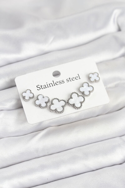 norsary Steel Silver White Color 3 Size Clover Earring Set