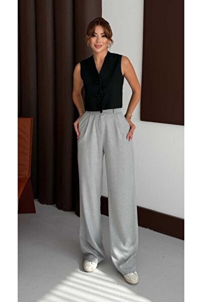 mor butik Women's Light Gray Palazzo Oversized Relaxed Cut Trousers Negy01001