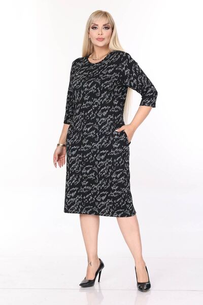 modayız Double Pocket Patterned Stretchy Winter Plus Size Midi Dress 38E-2706